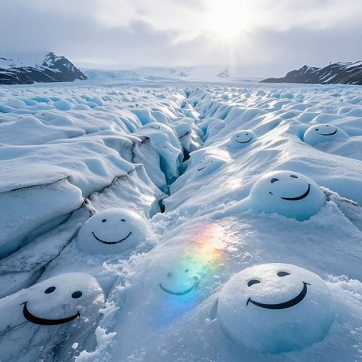 Photograph of a snowy glacier with numerous round snowballs featuring smiling faces, set against a bright, sunlit, icy landscape.