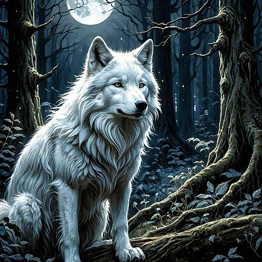 White Wolf Spirit in Moonlit Enchanted Forest