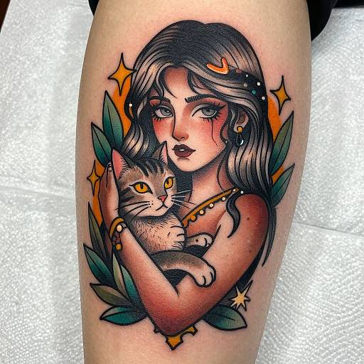 Neo-Traditional Girl Holding Cat Tattoo