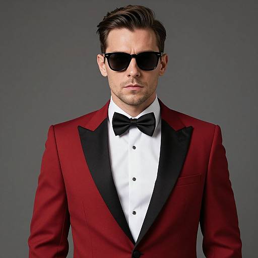 Photograph of a handsome man with short dark hair, wearing black sunglasses, a red tuxedo with black lapels, white dress shirt, and