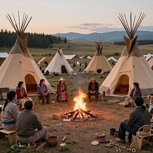 Photograph of a Native American camp with multiple white tepees, people sitting around a central fire, sunset background, mountains, and forest.