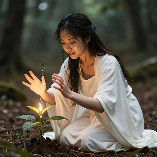 Photograph of a woman with long black hair, wearing a white robe, kneeling in a forest, gently touching a glowing yellow flower emitting light.