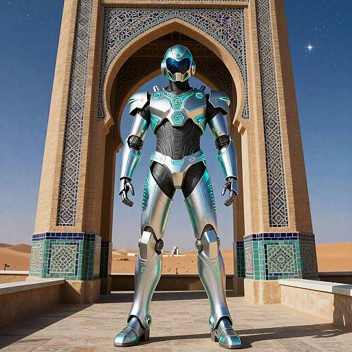CGI image of a futuristic, silver and black robotic warrior standing in front of an ornate, blue-tiled archway in a desert. Clear