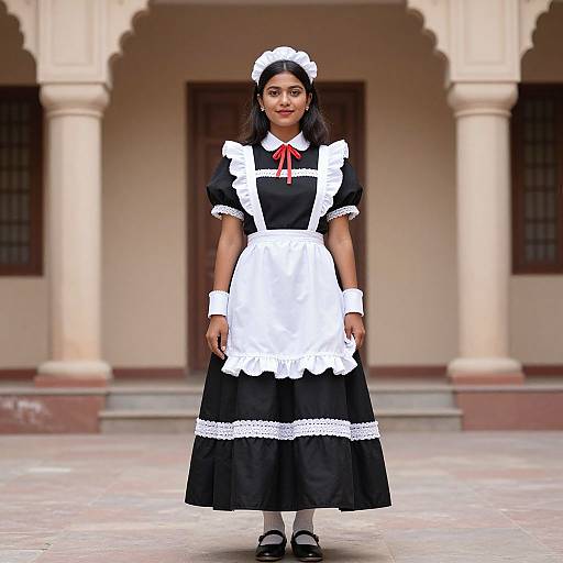 Photograph of an Indian woman with dark skin, wearing a classic black and white French maid outfit, standing in front of a beige, arched building