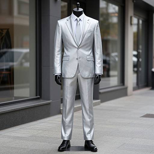 Photograph of a headless, silver suit mannequin in a shiny, metallic silver suit with black gloves and shoes, standing on a city sidewalk