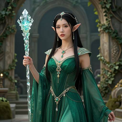 Digital fantasy artwork of an elf woman with long black hair, green dress, and pointed ears, holding a glowing crystal staff in an ornate, vine