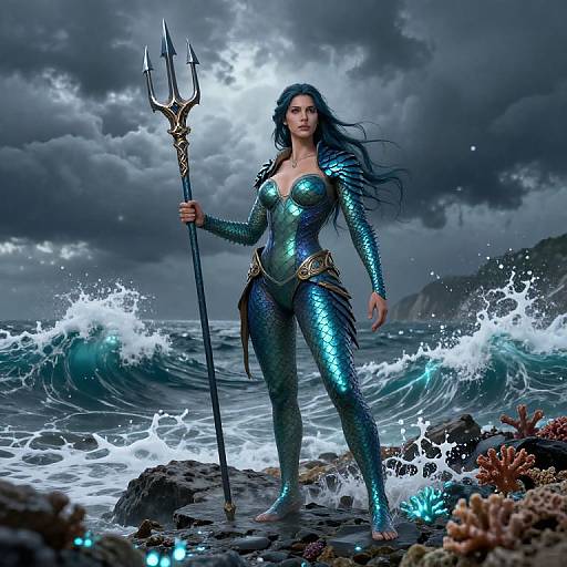 Digital art of a powerful mermaid with blue-green scales, holding a trident, standing on rocky shore with turbulent waves and a stormy sky.