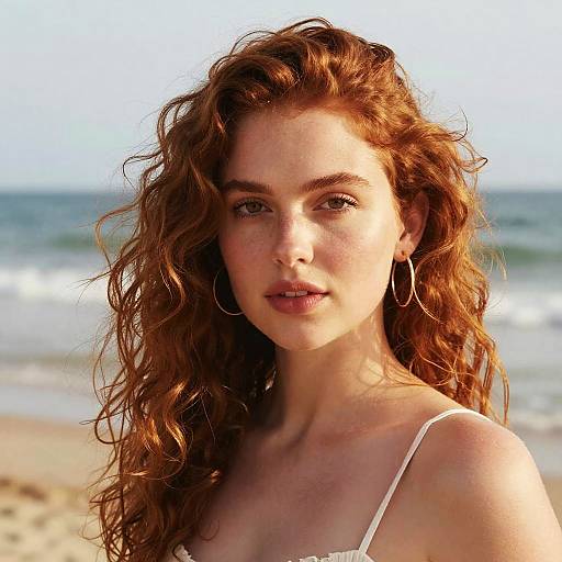 Redhead Woman with Curly Hair at Beach
