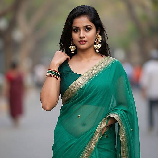 Photograph of an Indian woman with dark hair, green saree with gold border, gold earrings, and bracelets, standing confidently on a tree-lined street