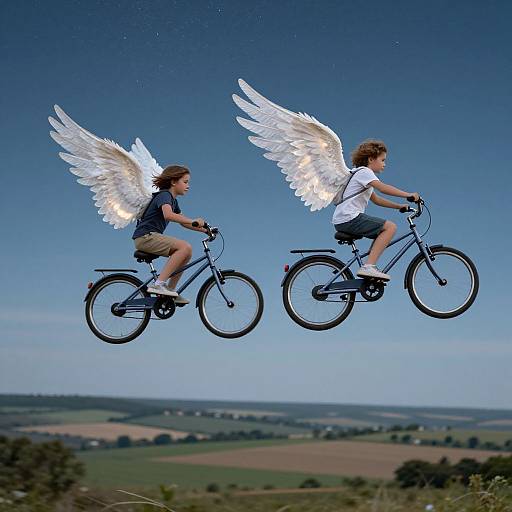 Photograph of two children with angel wings, flying on bicycles, against a clear blue sky and rolling countryside landscape.