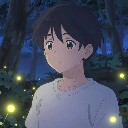 Ethereal Anime Boy with Fireflies