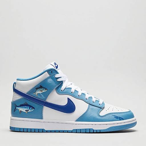 Photograph of a blue and white high-top Nike sneaker with shark graphics on the side, white laces, and blue Nike logo.