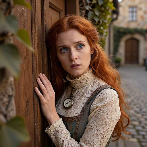 Photograph of a red-haired woman with blue eyes, wearing a lace white blouse and brown vest, standing against a wooden door in a cobblestone