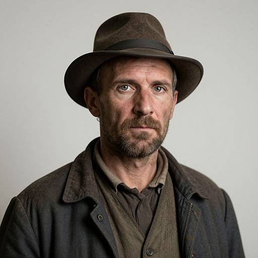 Photograph of a middle-aged white man with a brown hat, stubble, and intense expression, wearing a dark jacket over a brown shirt. White
