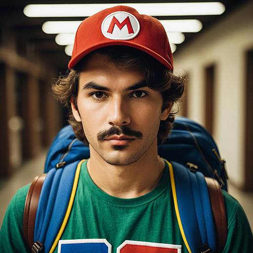 Young man wearing red Mario cap and green T-shirt