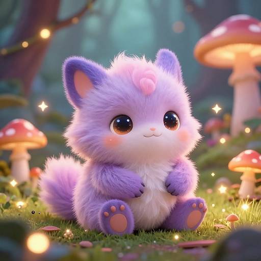 Adorable, fluffy, purple and white digital fox cub with big, sparkling eyes sitting in a magical forest, surrounded by glowing mushrooms and fairy lights.