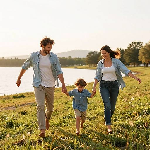Sunset Barefoot Family by the Lake