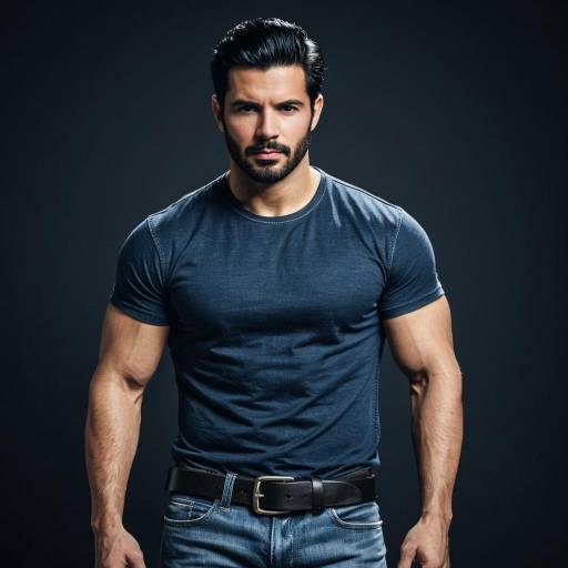 Muscular man in blue t-shirt and jeans
