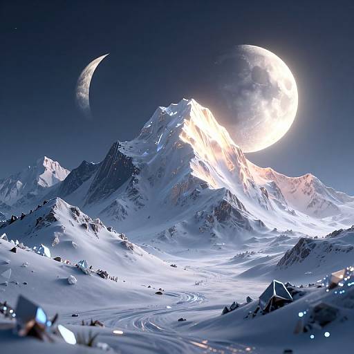 Photorealistic CGI of a snow-covered mountain range at night, illuminated by a large, glowing crescent moon and smaller crescent planet in a dark