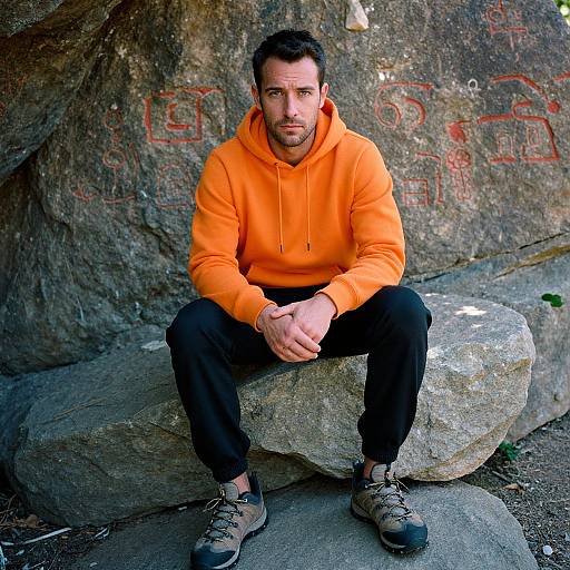 Photograph of a bearded man with dark hair, wearing an orange hoodie, black pants, and gray shoes, sitting on rocks against a graffiti-covered
