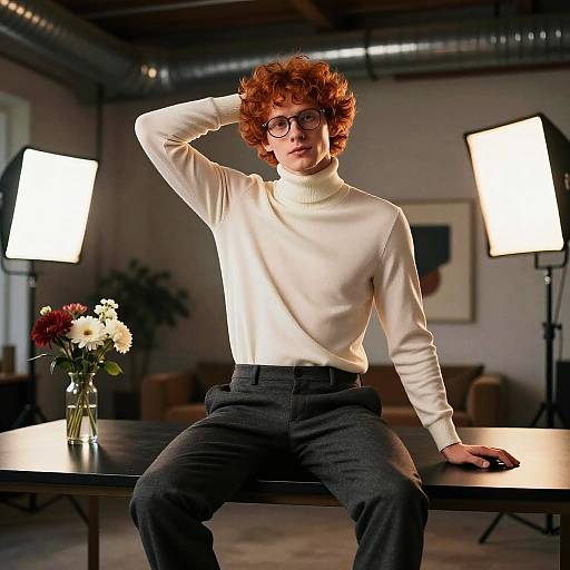 Photograph of a curly red-haired man with glasses, wearing a white turtleneck and black pants, seated on a table in a studio with bright