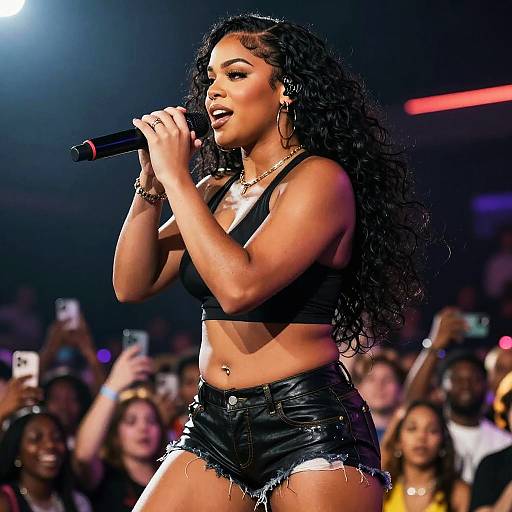 Photograph of a curly-haired, tan-skinned woman with large hoop earrings, black crop top, and frayed denim shorts, passionately singing into a
