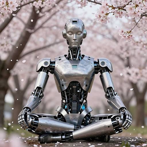 Robot Samurai Meditating Under Cherry Blossoms