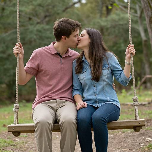 Couple Kissing on Wooden Swing
