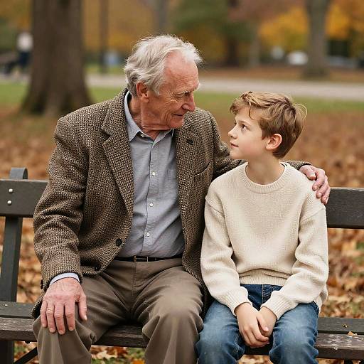 Photograph of an elderly man with white hair in a brown tweed jacket, sitting on a bench with a young boy in a white sweater, both