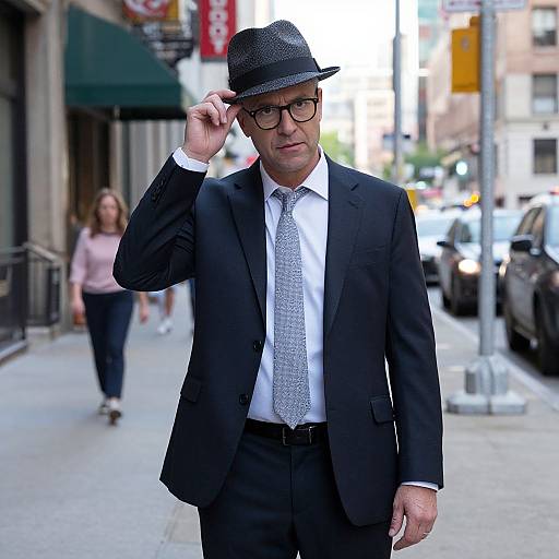 Photograph of a middle-aged man in a black suit, white shirt, gray tie, and black hat, adjusting his hat on a city street with
