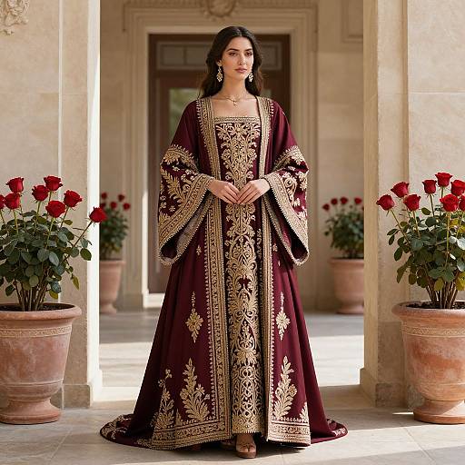 Photograph of a South Asian woman in a maroon and gold embroidered traditional dress, standing in a sunlit, columned hallway with potted red