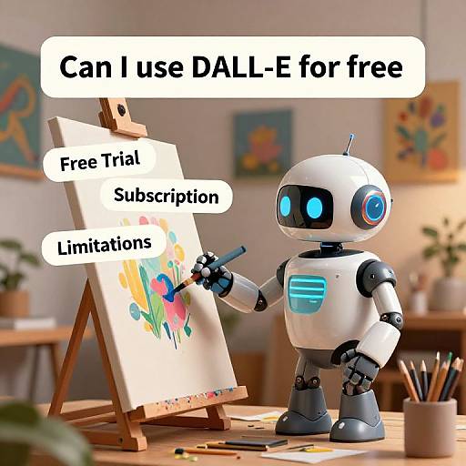 CGI image of a white robot with blue glowing eyes painting on an easel, with text 