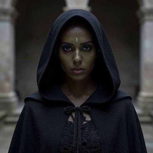 Photograph of a dark-skinned woman with piercing eyes, wearing a black hooded cloak, adorned with a small forehead dot, set against a blurred