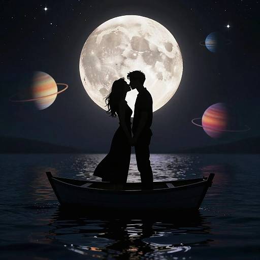 Romantic Couple Silhouette Under Full Moon with Planets