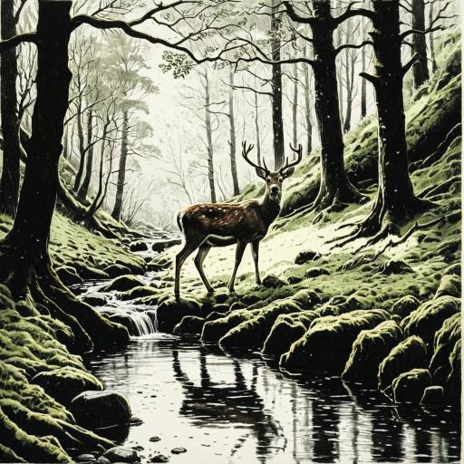 Woodland Deer by Stream in Forest Clearing