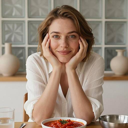 Woman Sitting at Table with Tomato Sauce