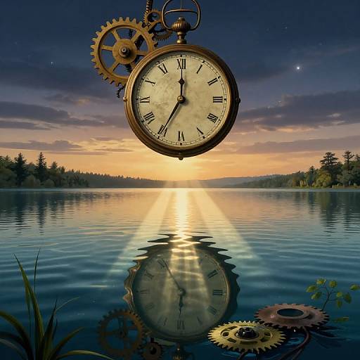 Vintage pocket watch with gears floating above a serene lake at sunset, reflecting on the water, with grass and gears in the foreground.