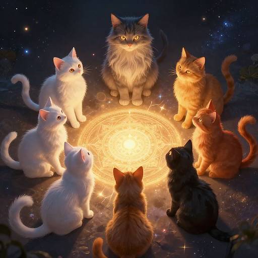 Digital artwork of six fluffy cats, white, gray, orange, and black, gathered around a glowing magical circle in a starry night.