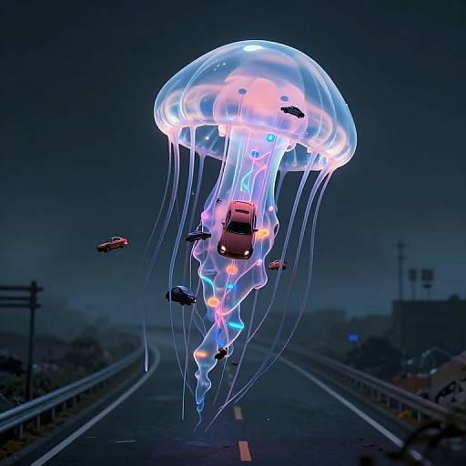 Digital art: Glowing jellyfish with a red car inside, surrounded by floating cars, on a dark, deserted highway at night.