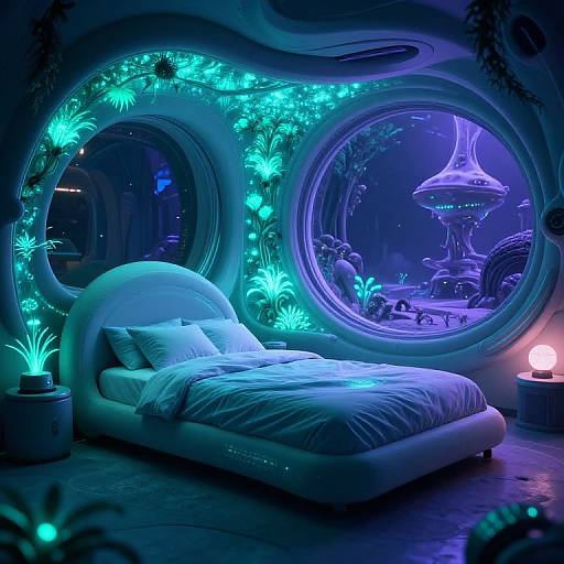 Glowing neon-blue futuristic bedroom with circular windows, illuminated flower accents, circular bed, and vibrant sci-fi garden view at night.