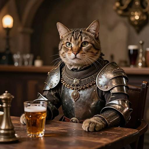 Photograph of a tabby cat in medieval knight armor, sitting at a wooden tavern table with a pint of beer and salt shaker. Warm,