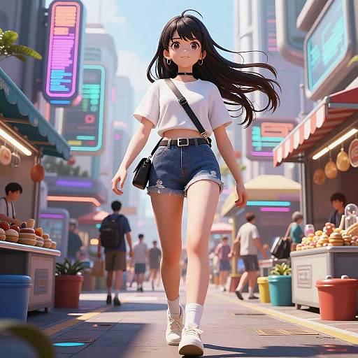 Digital anime-style drawing of a confident young woman with long black hair, wearing a white t-shirt, denim shorts, and white sneakers, walking through a