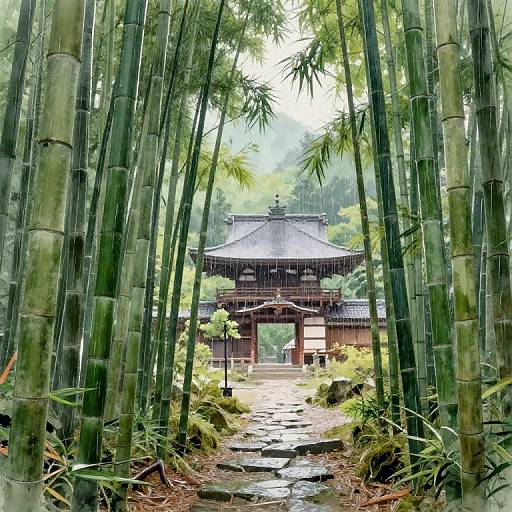 Rainy Day in Bamboo Forest with Japanese Temple