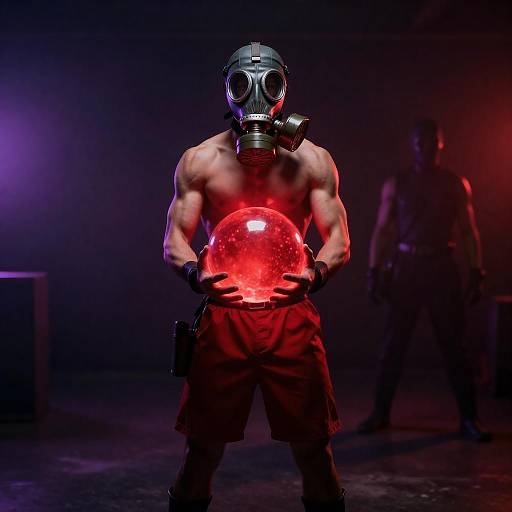 Muscular Man in Gas Mask Holding Glowing Red Orb