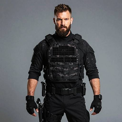 Photograph of a bearded, muscular man with short brown hair, wearing a black tactical vest, gloves, and pants, standing against a grey background