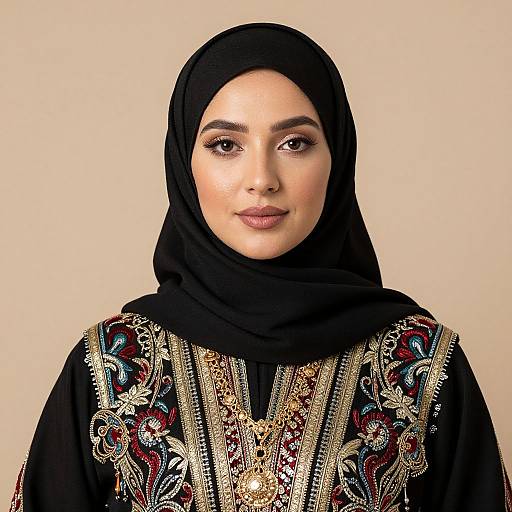 Photograph of a young woman with light olive skin, dark eyes, and full lips, wearing a black hijab and ornate, embroidered black top