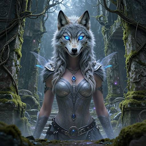 Digital fantasy artwork of a fierce, blue-eyed, armored wolf-woman with glowing wings, standing in a mossy, ruined forest pathway.