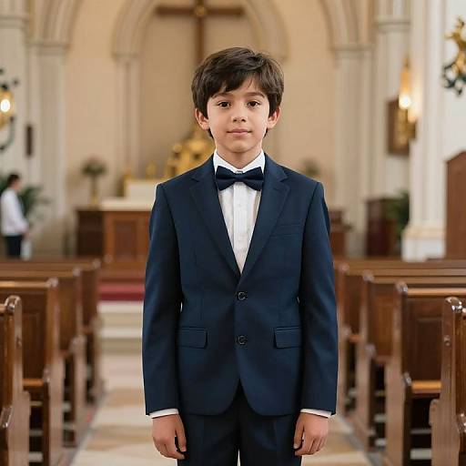 Photograph of a young boy with brown hair, wearing a black tuxedo and bow tie, standing in a church aisle with wooden pews and