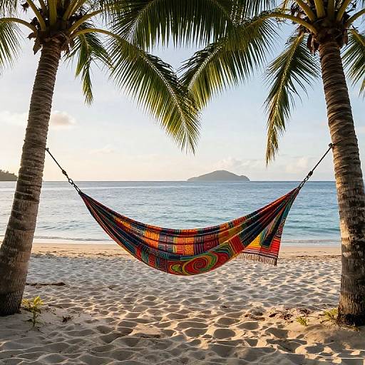 Colorful hammock suspended between two palm trees on a sandy beach with calm ocean and distant island, under a clear sky.