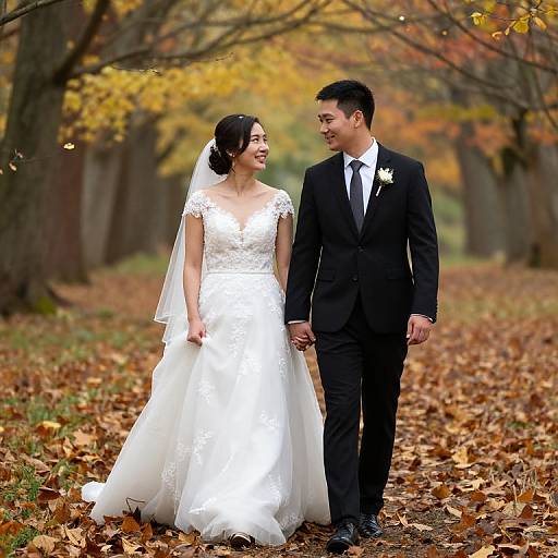 Photograph of an Asian bride in a white lace wedding dress and veil, holding hands with her groom in a black suit and tie, walking on a